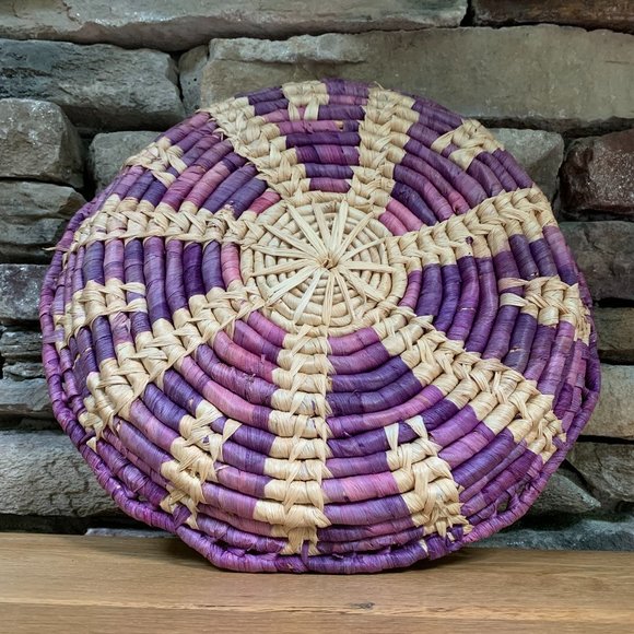 Purple Seagrass Coil Basket Tray Boho Decor Dorm Wall Art Scallop Bohemian - Picture 7 of 8